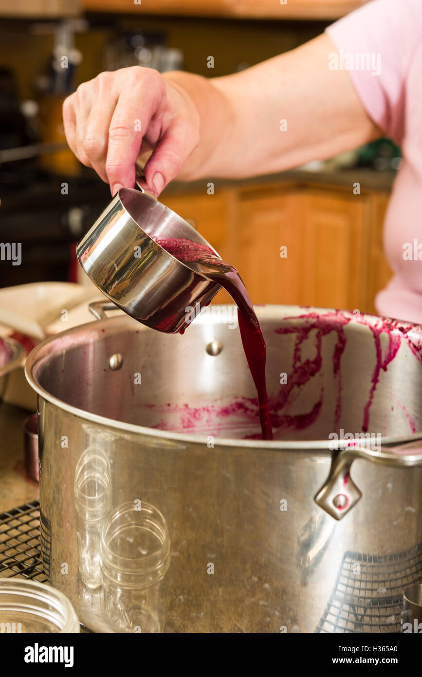 Succo sia misurata per addind zucchero e pectina per la fase finale nella realizzazione di marmellata di uva. Foto Stock