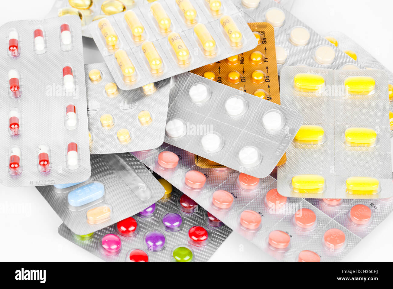 Pila di molte diverse pillole Foto Stock