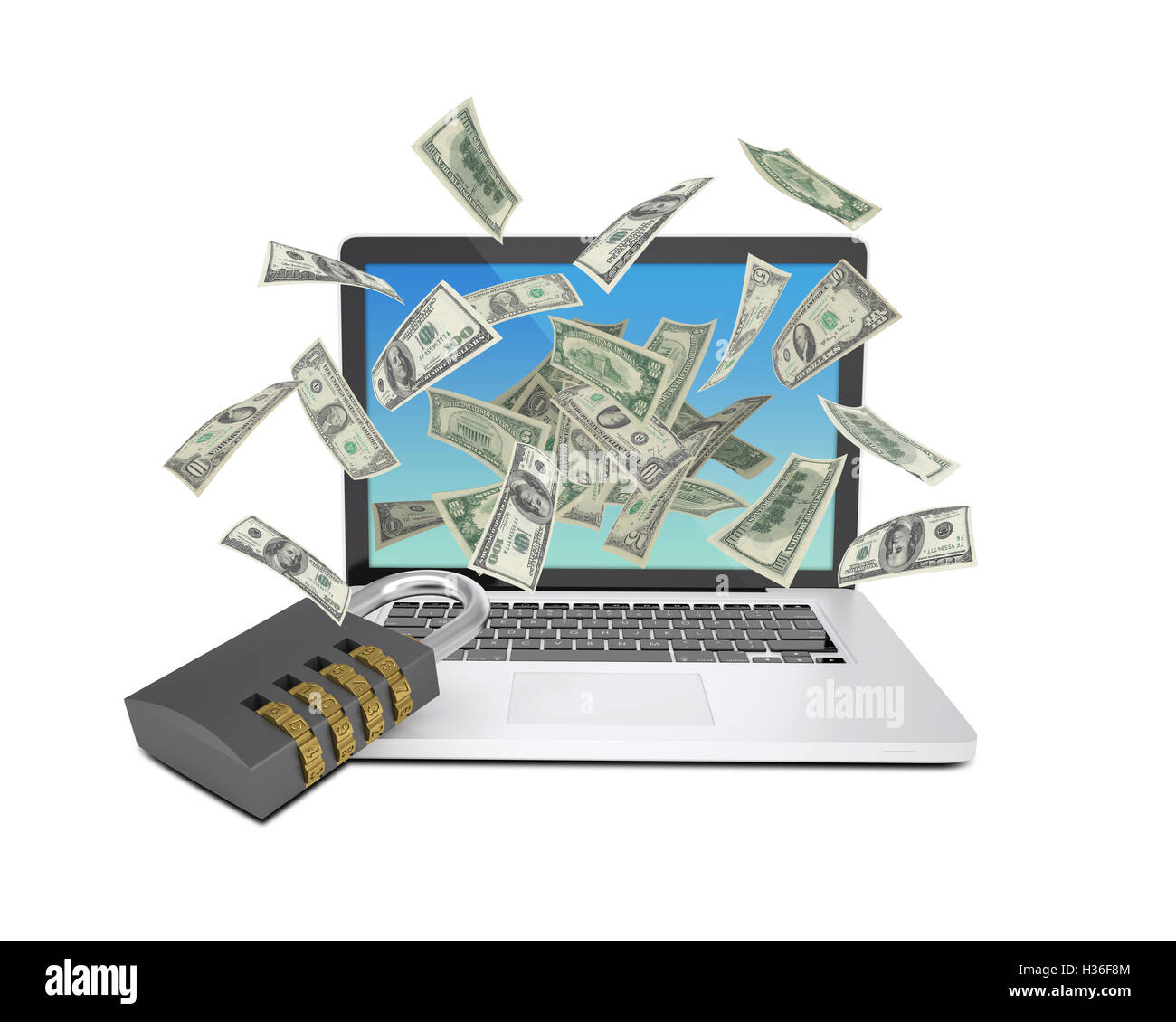 Dollar note battenti intorno al laptop Foto Stock