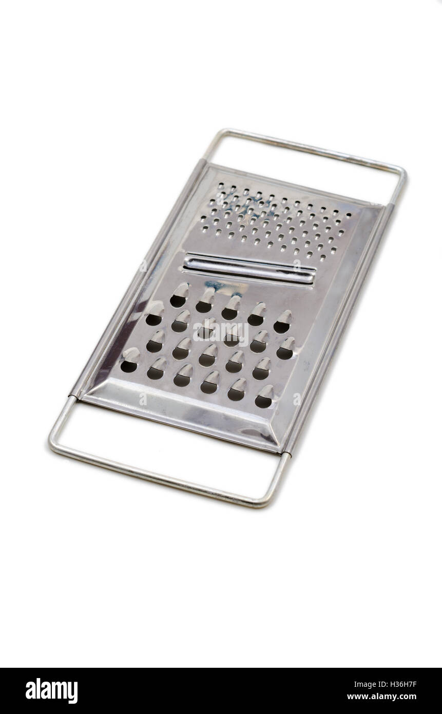 Grattugia in metallo isolato su sfondo bianco Foto Stock