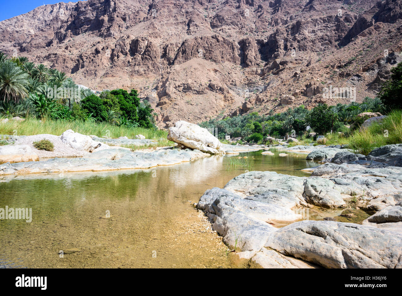 Fiume nel canyon, Wadi Tiwi, Sultanato di Oman Foto Stock