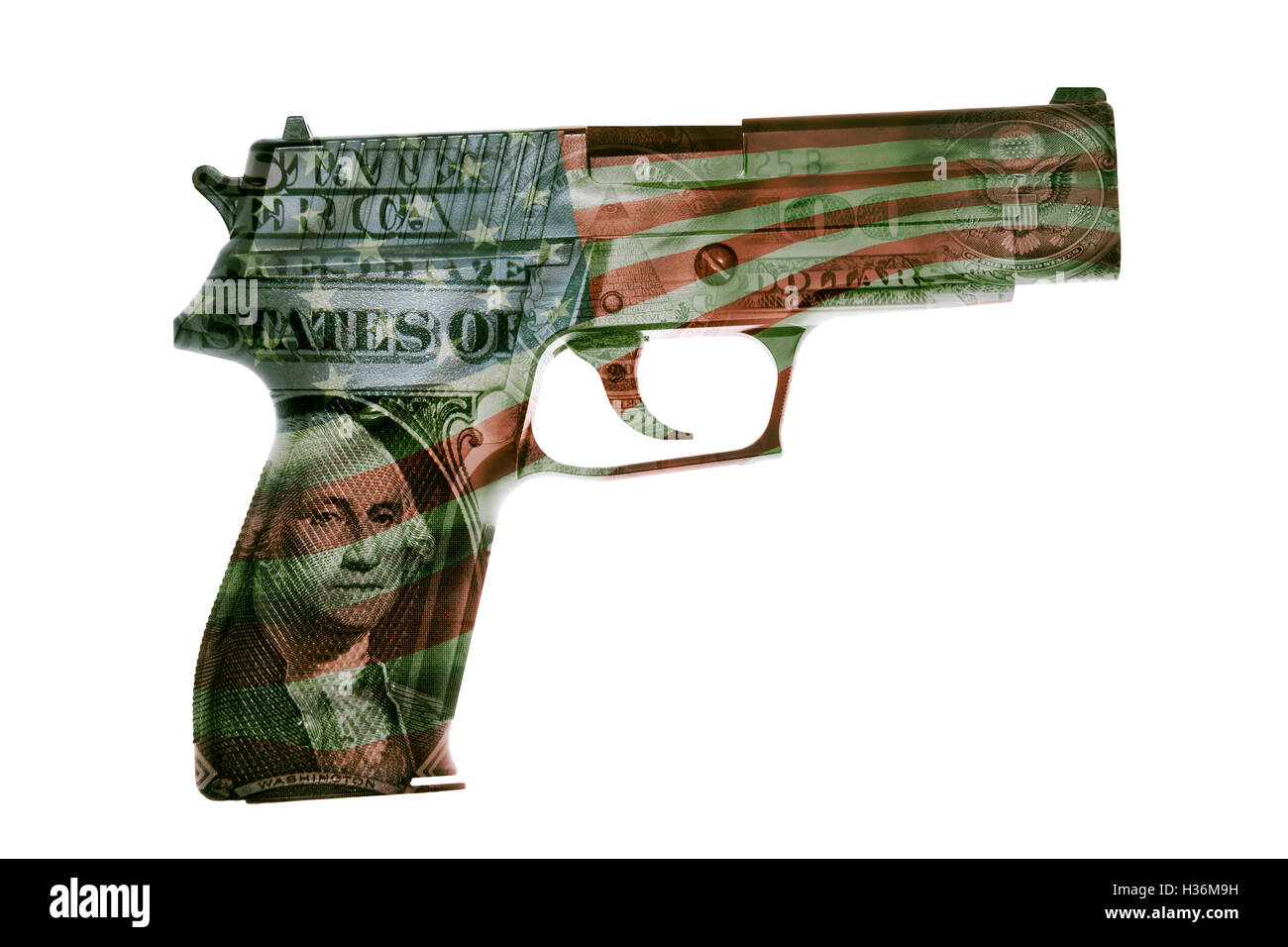 Pistola, American contanti e composito di bandiera Foto Stock