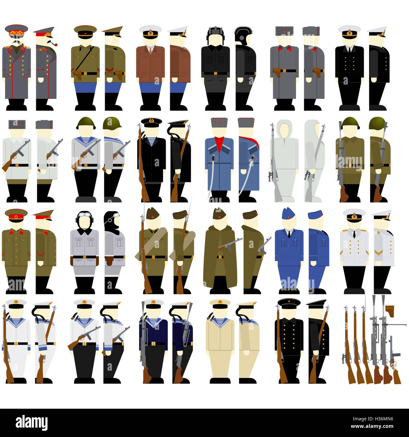 Uniformi e armi di soldati sovietici e ufficiali nella Seconda Guerra  Mondiale. La figura su uno sfondo bianco Foto stock - Alamy