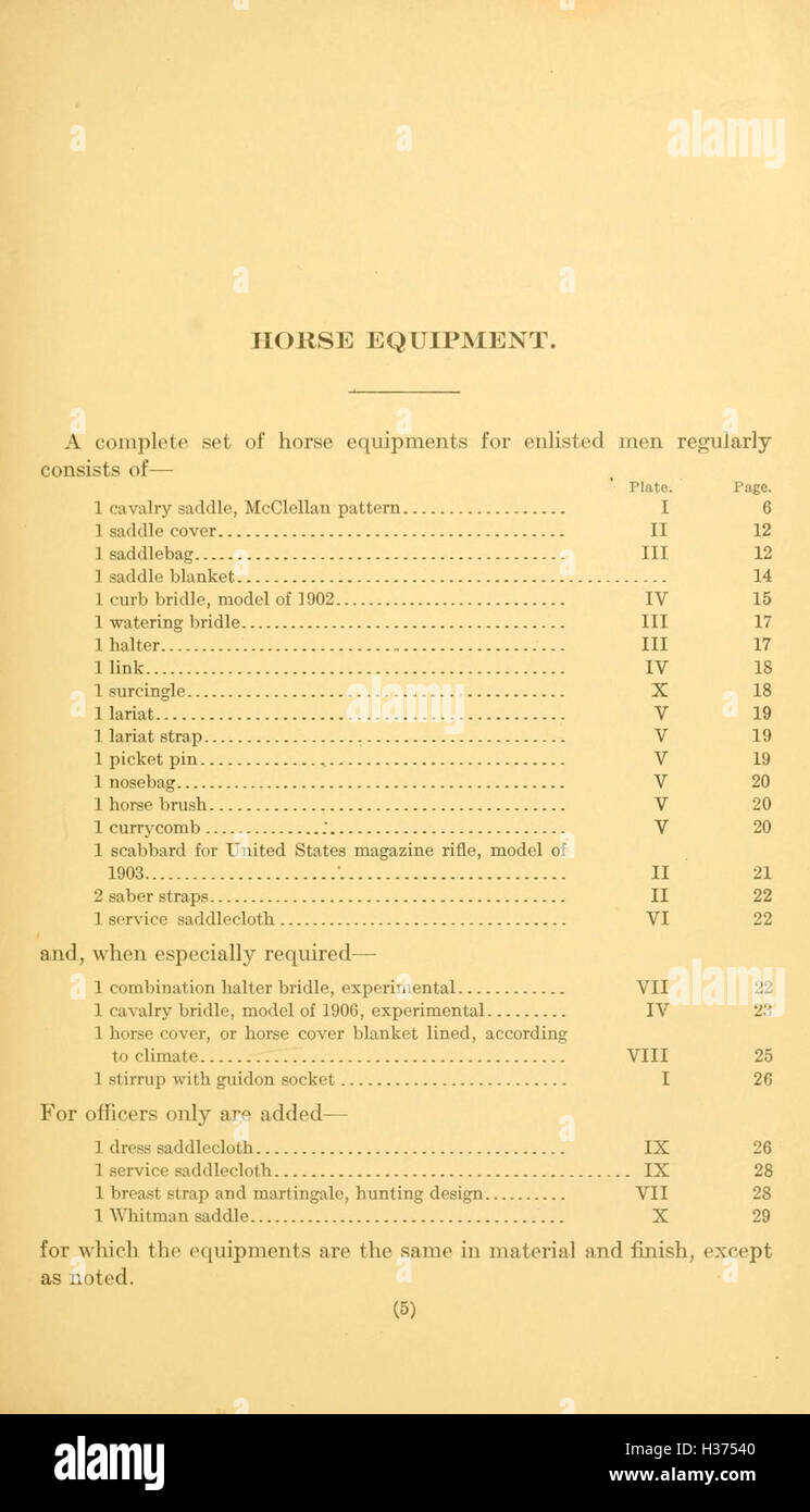 Il presente documento descrive le specifiche e le norme relative alle attrezzature per cavalli utilizzate dagli ufficiali militari e dal personale arruolato nel 1905, concentrandosi sull'utilità e la durata. Foto Stock