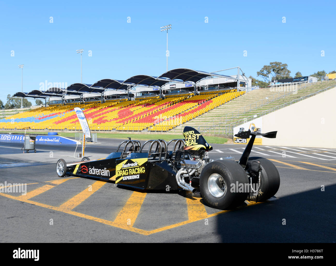 Dragster pronto per la gara di Sydney Dragway, Eastern Creek, Nuovo Galles del Sud, NSW, Australia Foto Stock