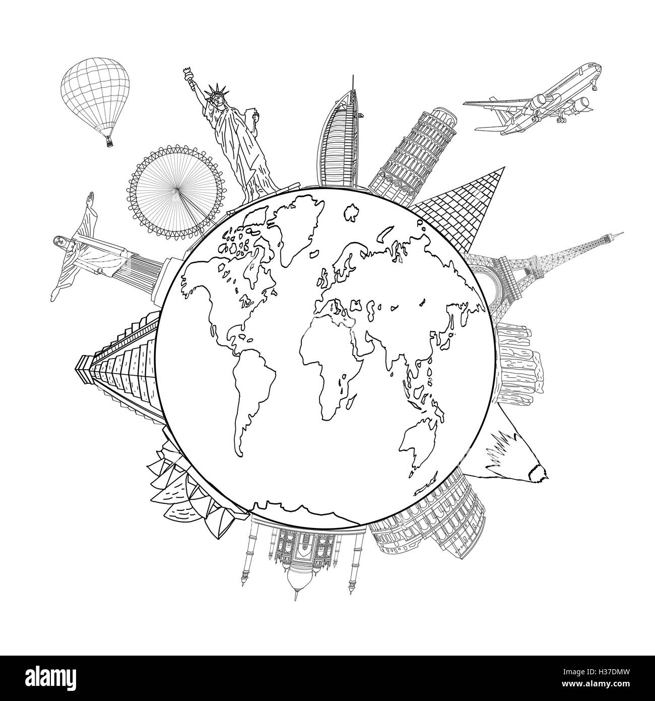 Delineando la terra e mappa globale con i punti di riferimento Foto Stock