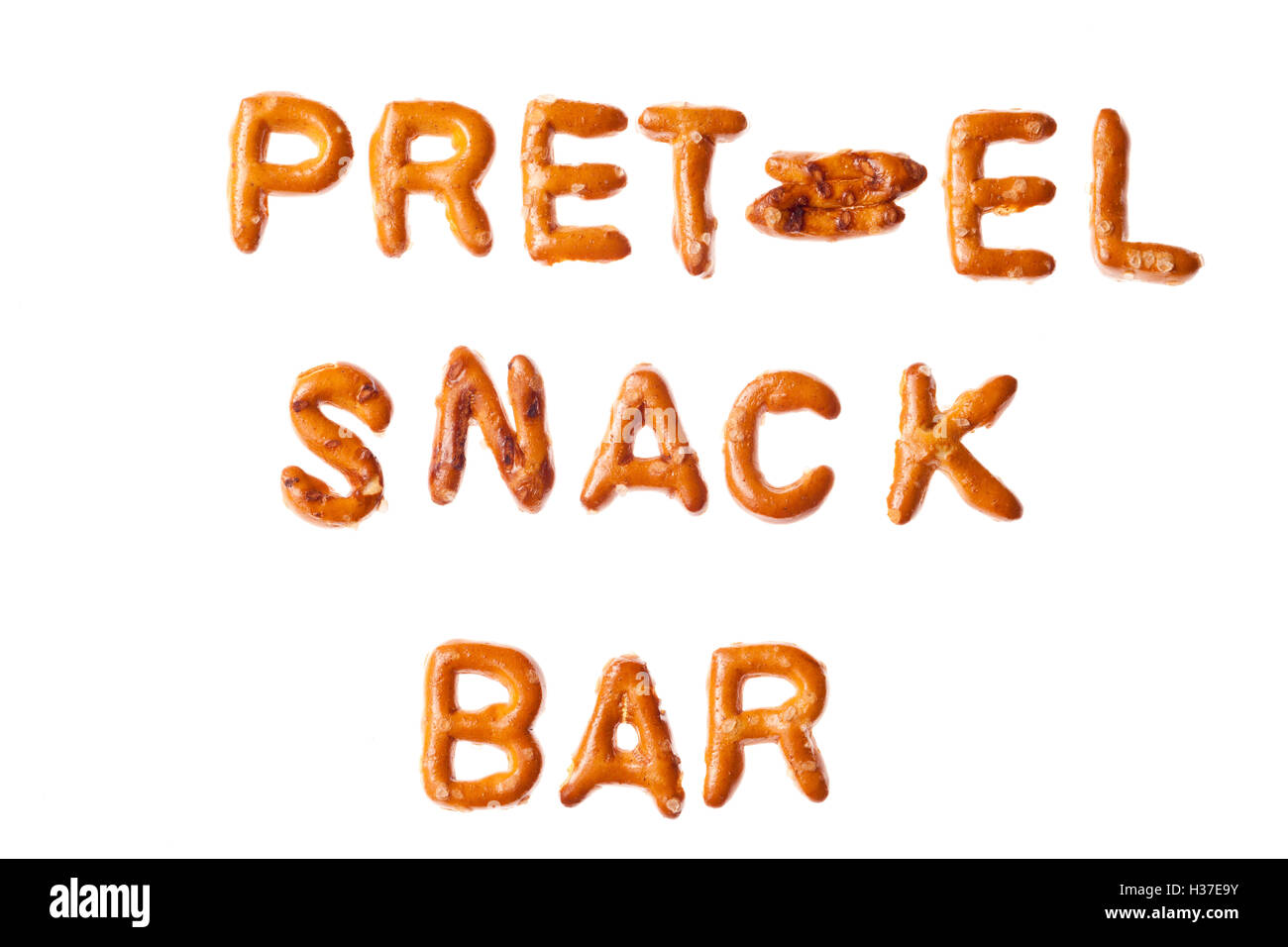 Alfabeto pretzel parole PRETZEL SNACK BAR isolato Foto Stock