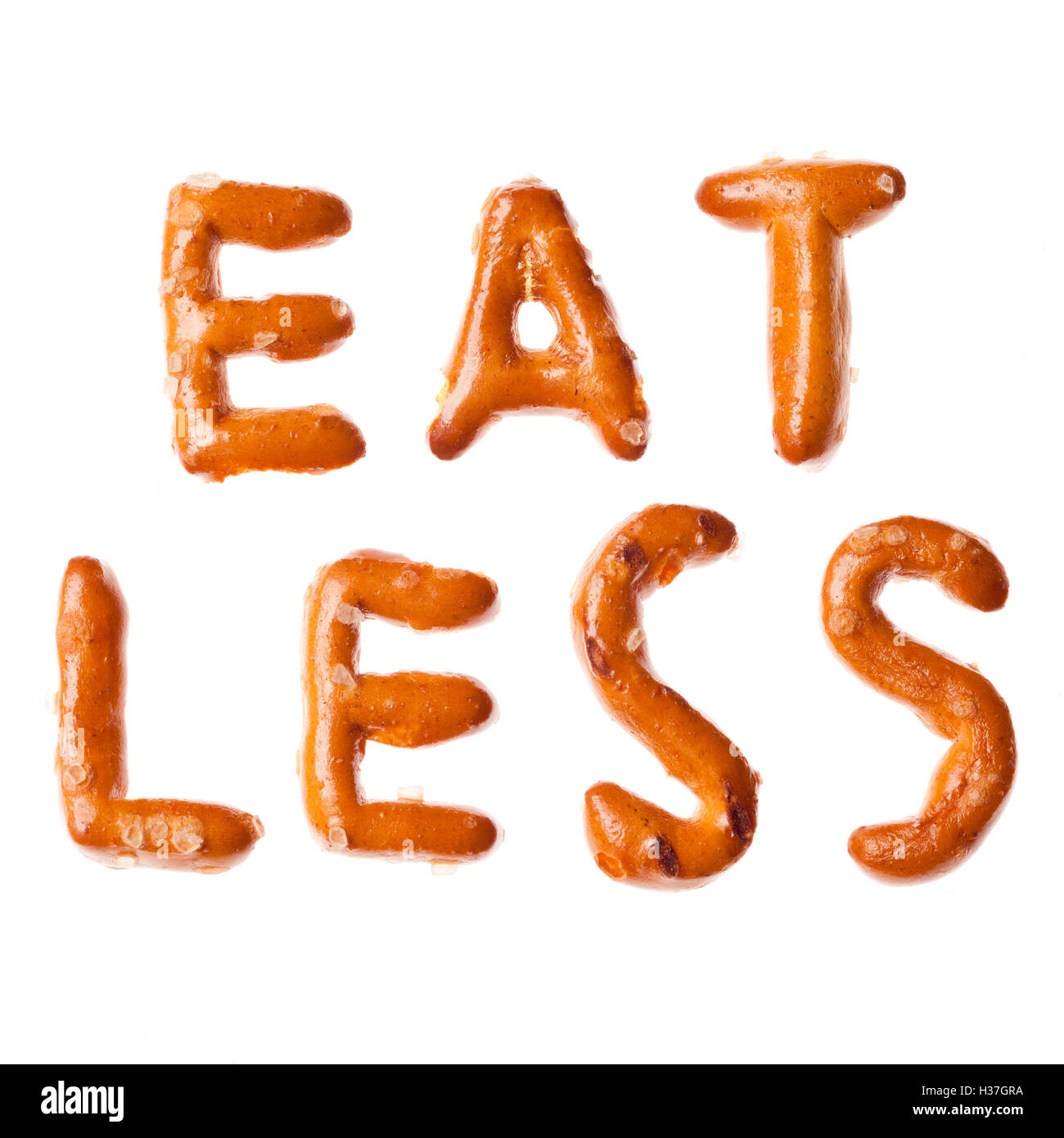 Alfabeto pretzel parole scritte mangiare meno isolata Foto Stock