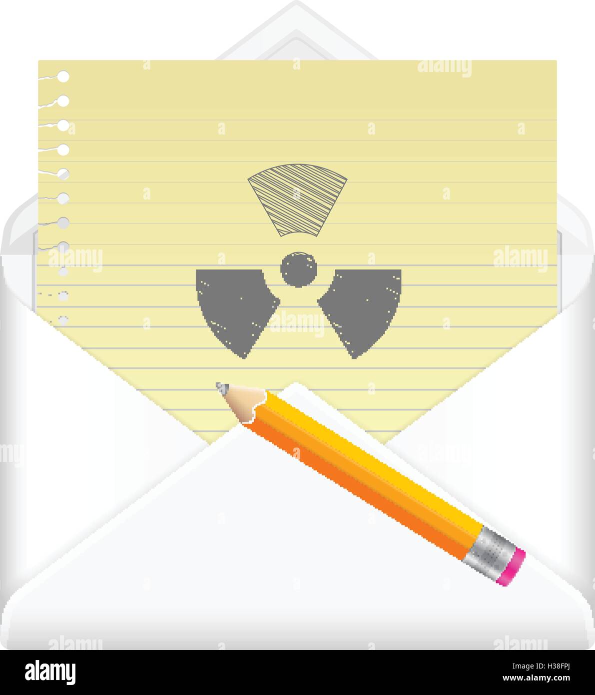 Busta, foglio di notebook, matita e il simbolo su uno sfondo bianco. Illustrazione Vettoriale