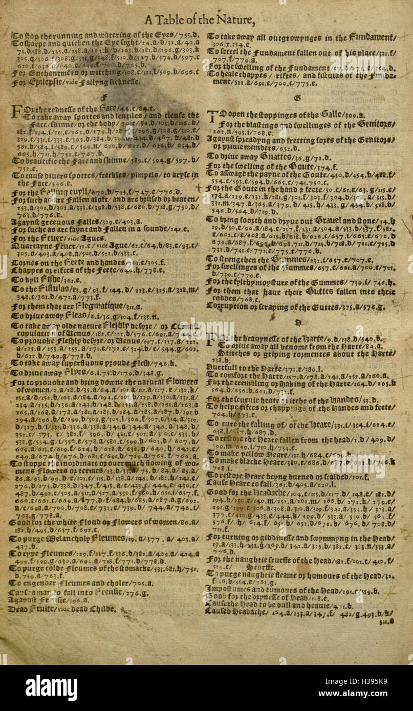 Questa erboristeria di William Turner presenta una guida completa alle piante, ai loro usi medicinali e il primo catalogo di piante in lingua inglese, che include molte specie native e i loro trattamenti. Foto Stock