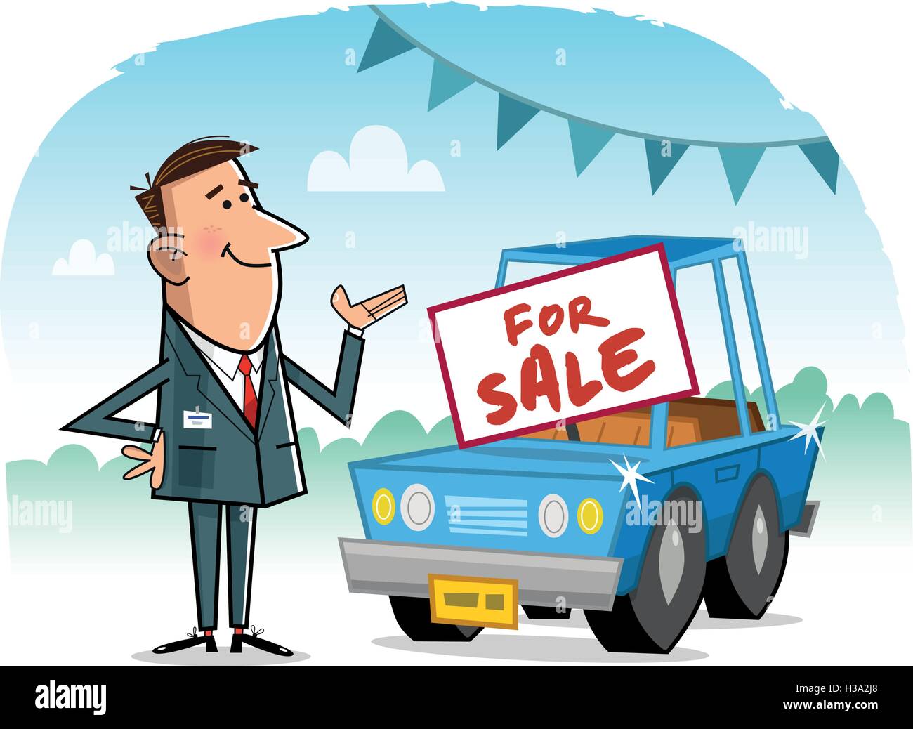 Car Salesman Cartoon personaggio con auto e sfondo Illustrazione Vettoriale