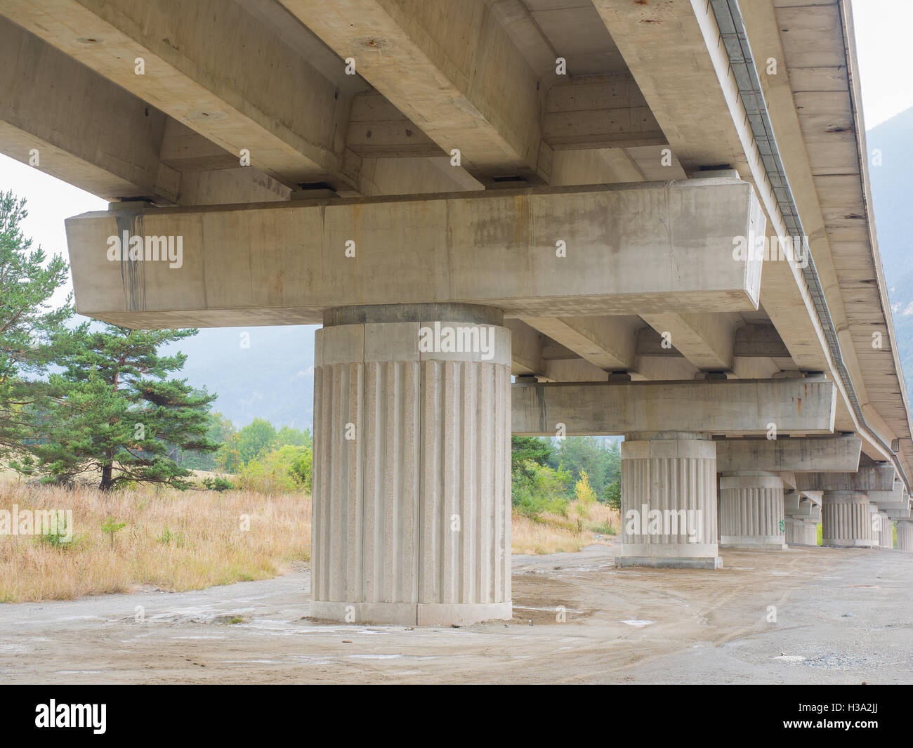 I pilastri e le travi di un ponte autostradale (viadotto) in cemento armato Foto Stock