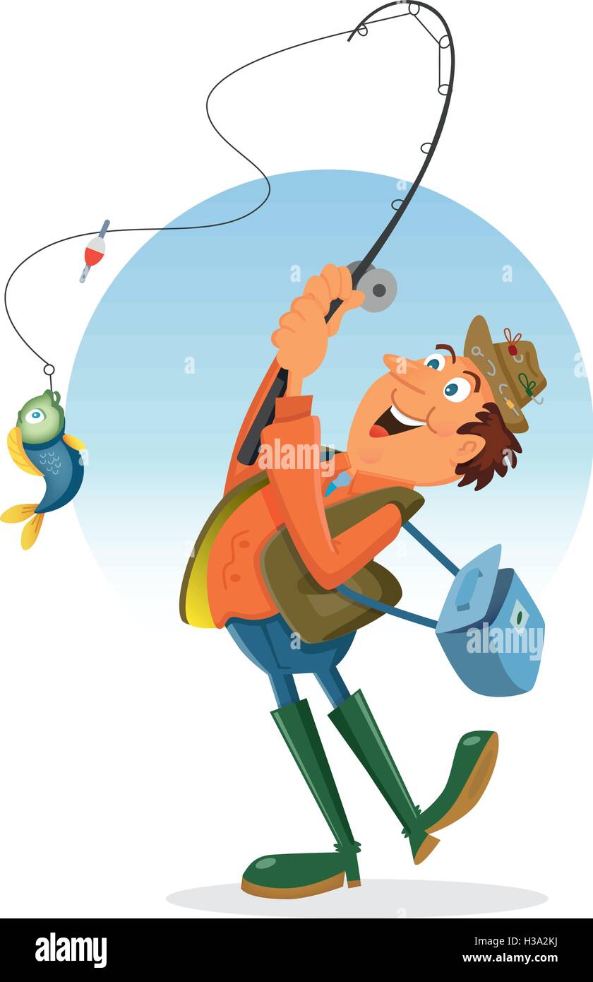 Personaggio dei pescatori di Cartoon con canna da pesca e pesce Illustrazione Vettoriale
