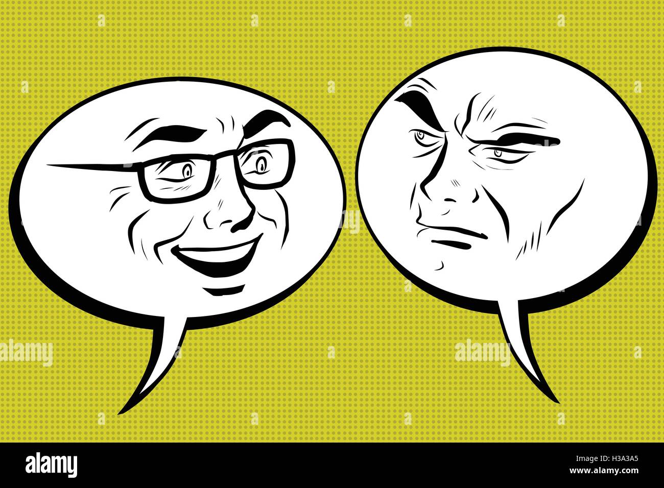 Due uomini gioiosi e arrabbiato. Bolla di fumetti Smiley face Illustrazione Vettoriale