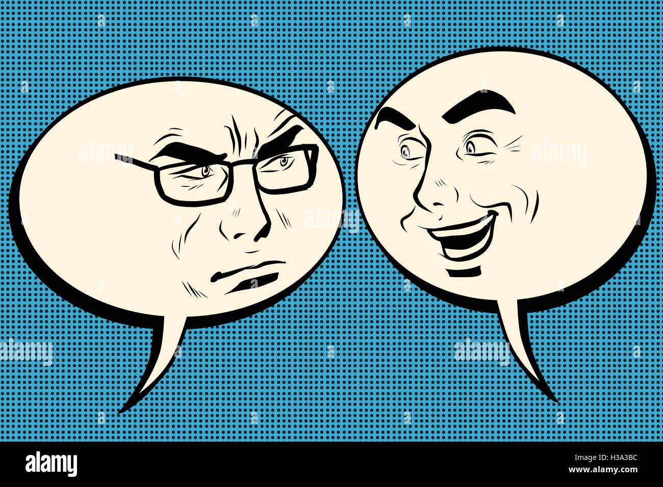 Due uomini gioiosi e arrabbiato. Bolla di fumetti Smiley face Illustrazione Vettoriale