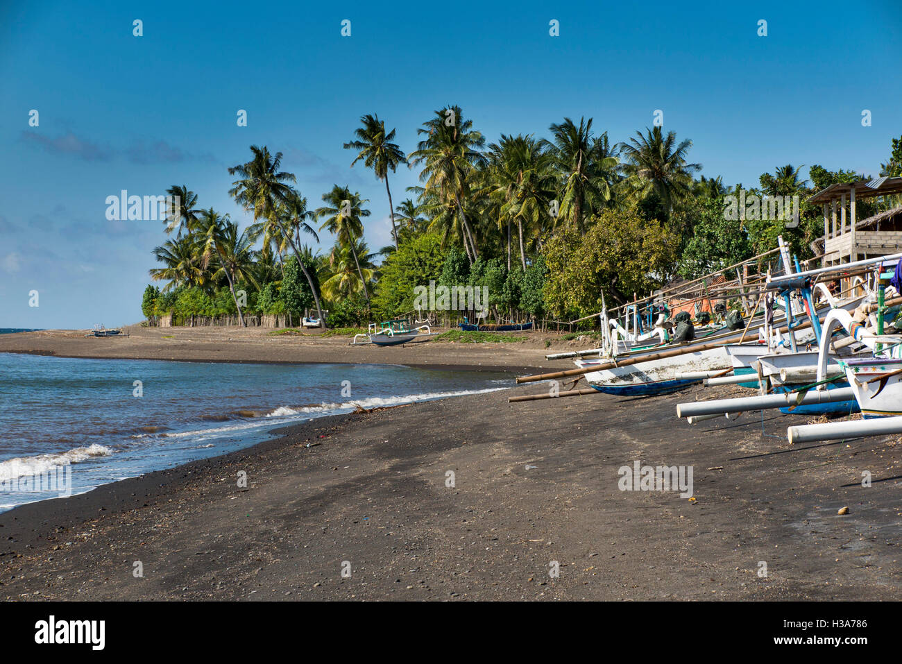 Indonesia, Lombok, Selengan, villaggio di pescatori, outrigger barche sulla sabbia nera vulcanica beach Foto Stock