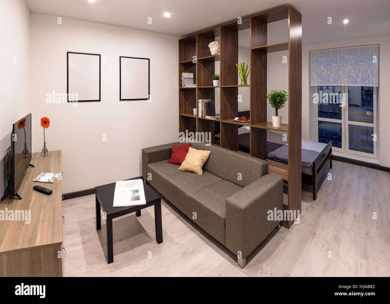 Il modo di vivere moderno camera in un nuovissimo appartamento Foto Stock