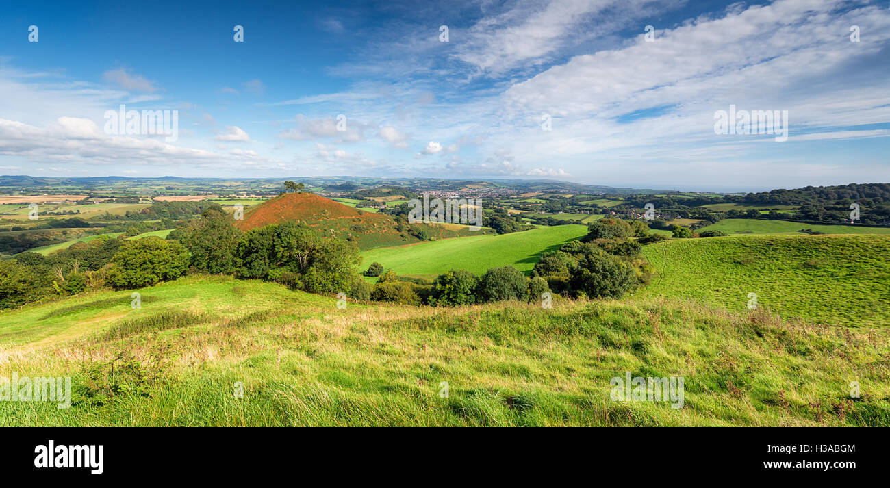 Una vista panoramica della campagna di Dorset dalla cava collina vicino a Bridport e guardando verso Colmer sulla collina di un punto di riferimento locale Foto Stock