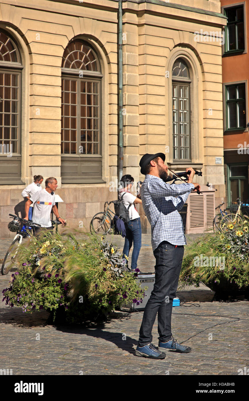 Street musiciian al di fuori del museo Nobel a Stortorget square, Gamla Stan, la città vecchia di Stoccolma, Svezia. Foto Stock