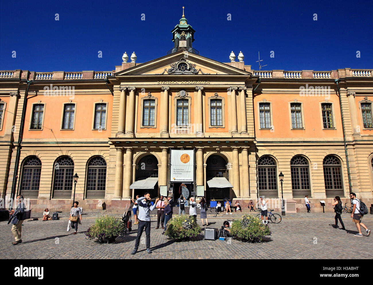 Street musiciian al di fuori del museo Nobel a Stortorget square, Gamla Stan, la città vecchia di Stoccolma, Svezia. Foto Stock