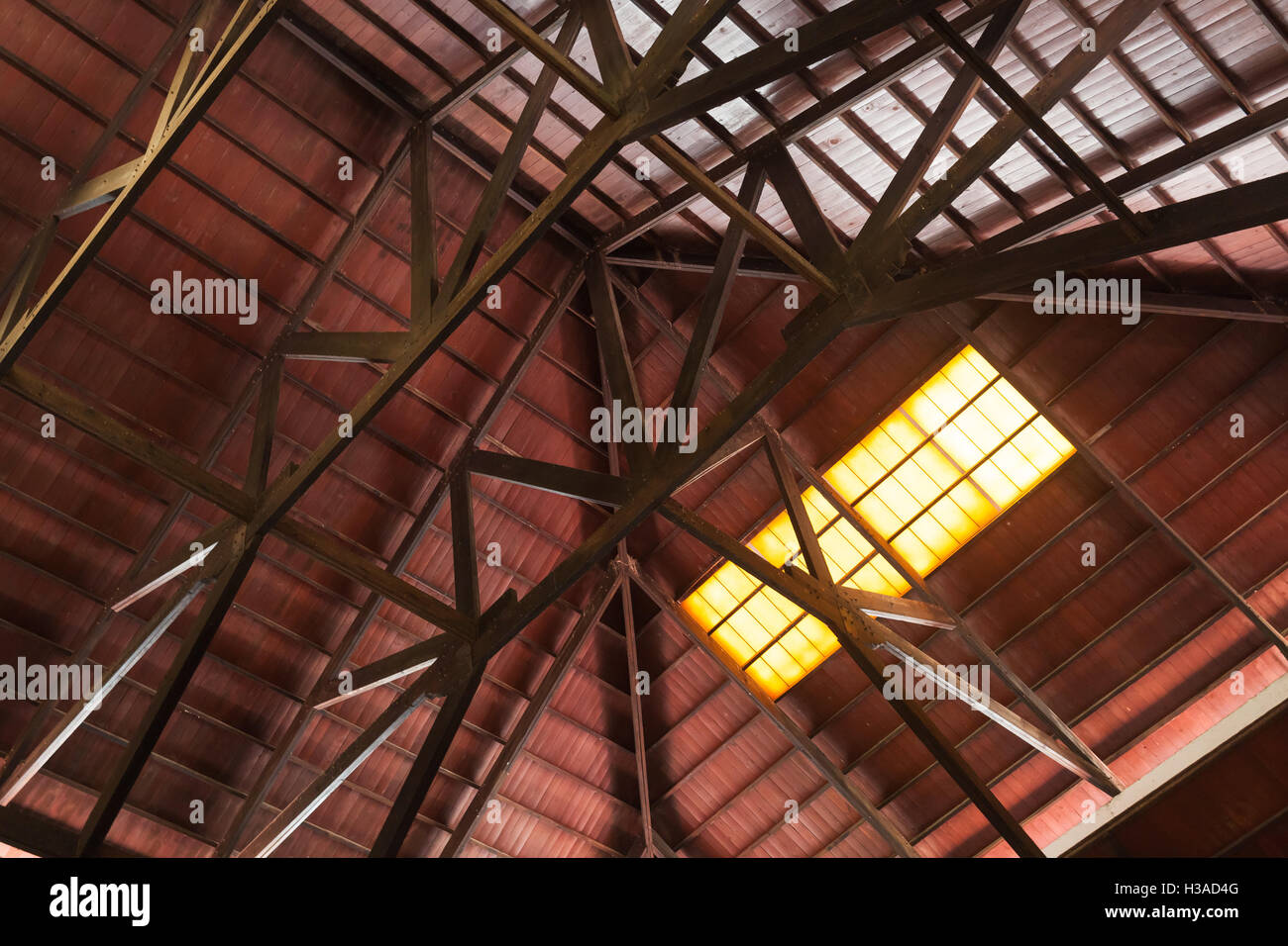 Costruzione interna del tetto in legno con travi e luminosa finestra spia Foto Stock