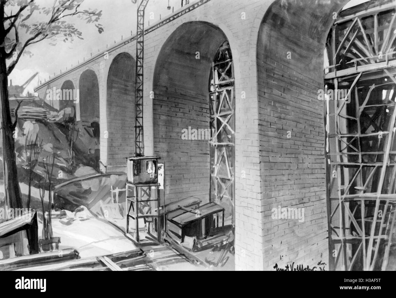 Dipinto di Ernst Vollbehr: Il Waschmuehltalbruecke a Kaiserslautern, 1939 Foto Stock