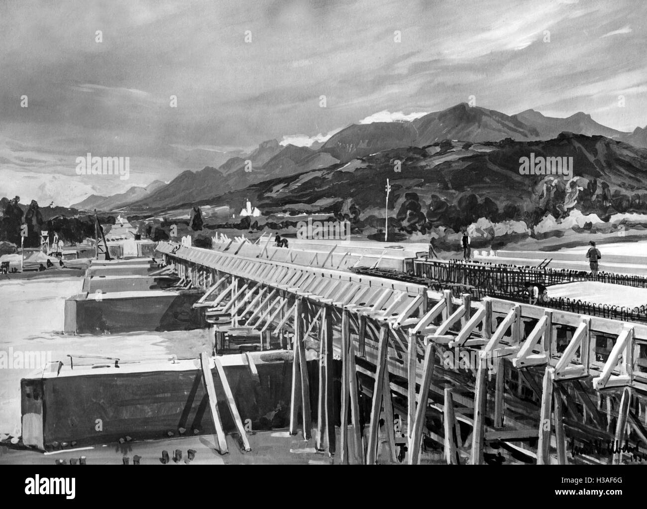 Dipinto di Ernst Vollbehr: il ponte sull'Inn di Raubling, 1935 Foto Stock