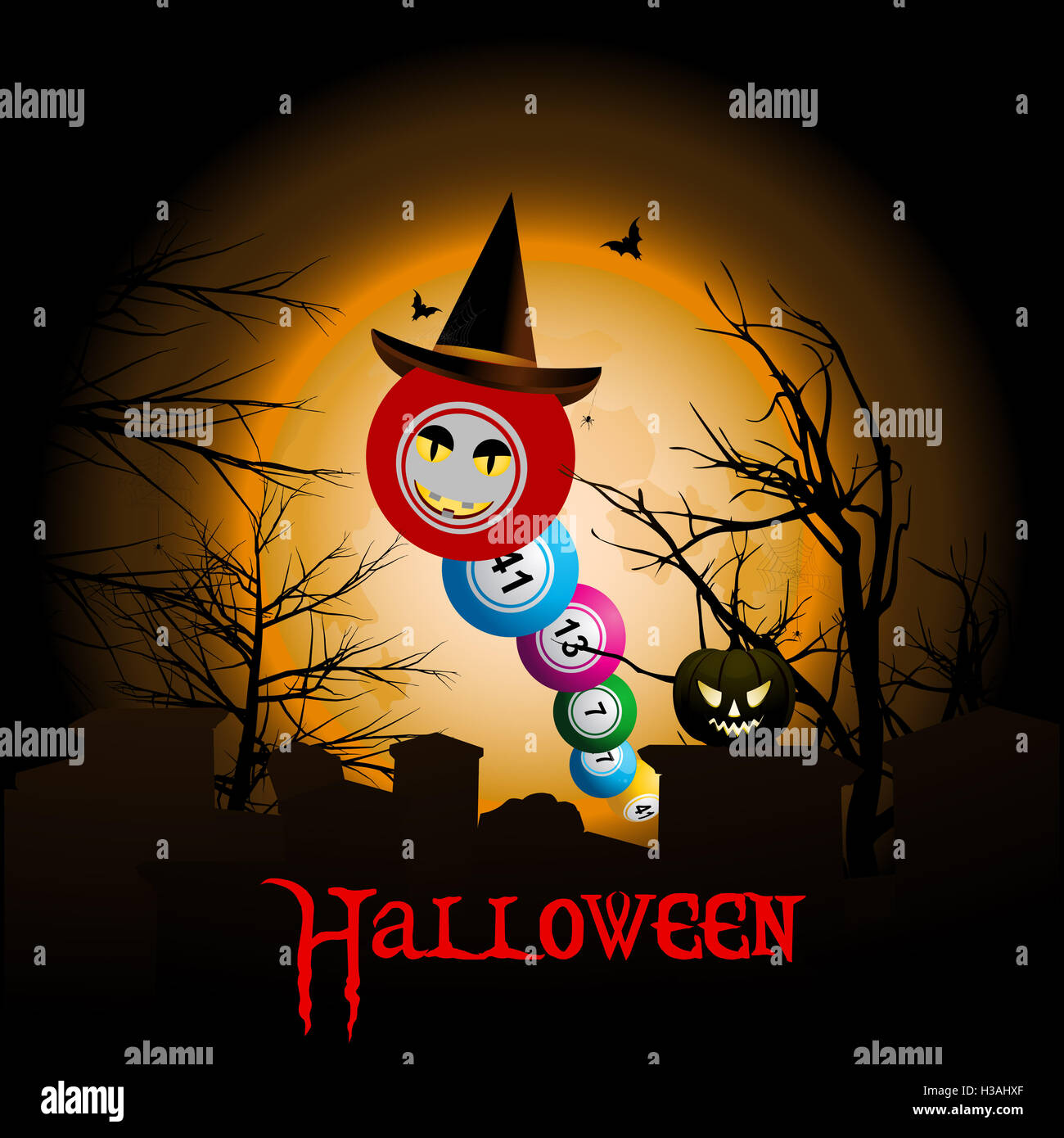 Sfera di bingo con faccia di Halloween e Hat oltre il cimitero con sfondo Luna Foto Stock