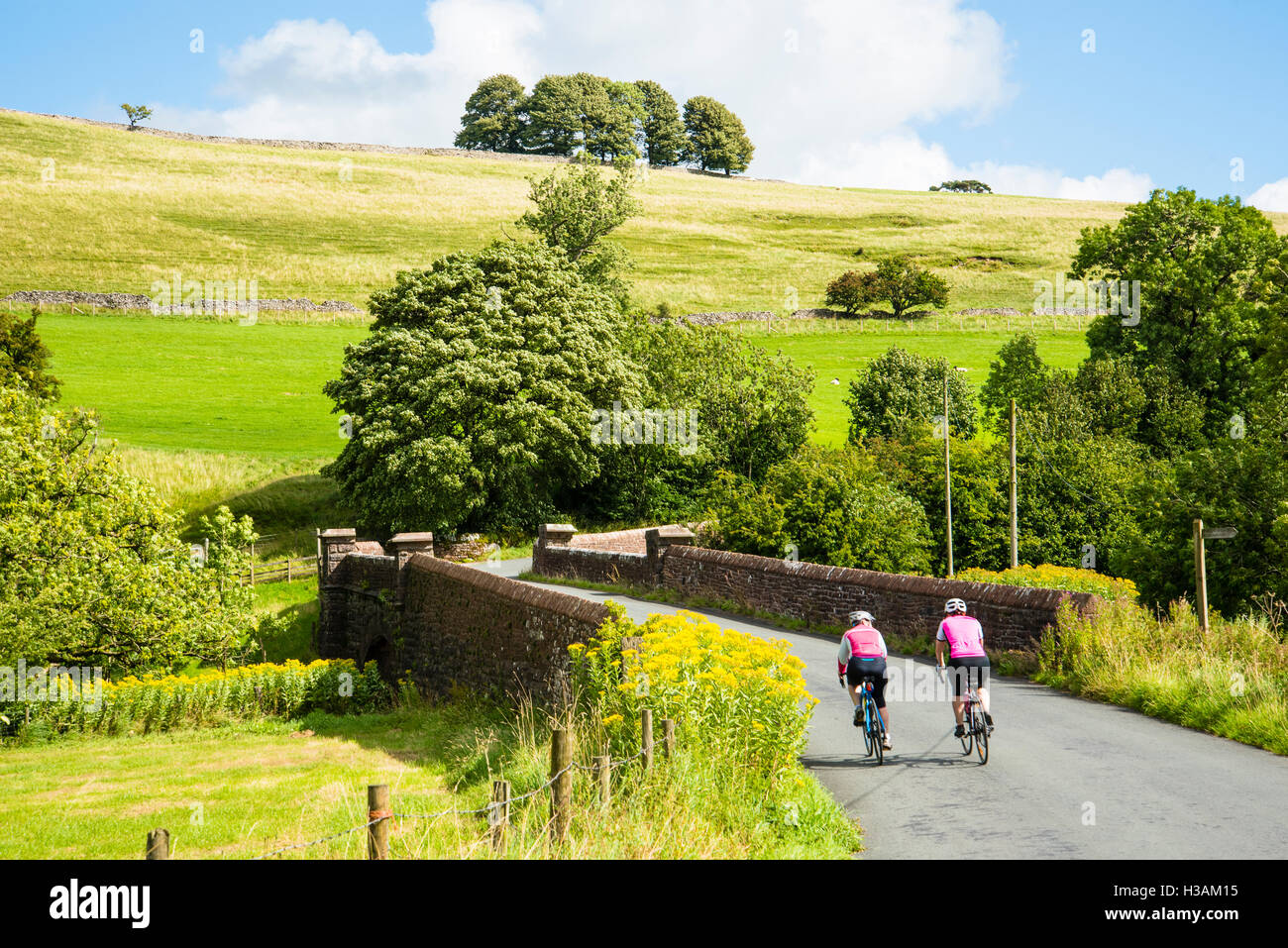 Due ciclisti femmina su un vicolo vicino al Gaisgill in alto Lune valley Cumbria Inghilterra England Regno Unito Foto Stock
