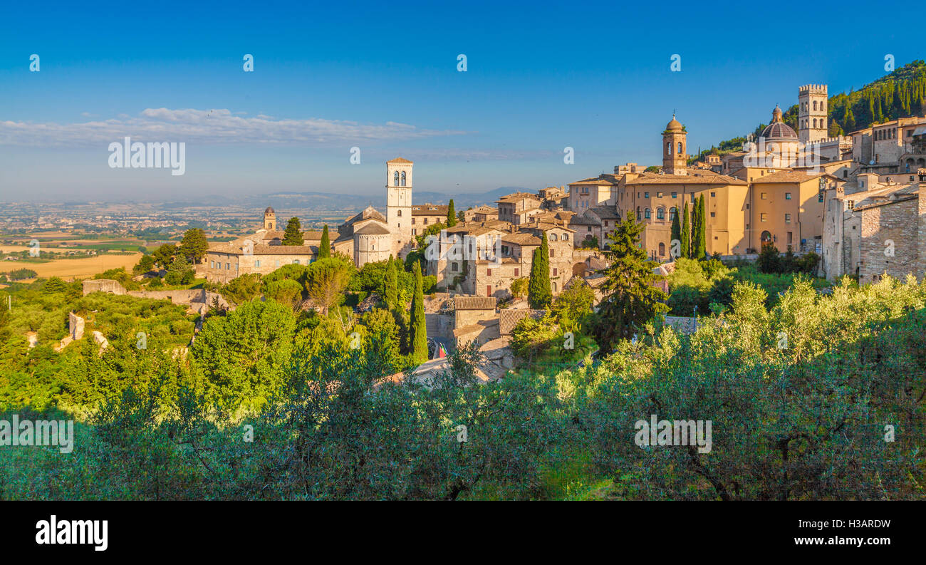 Vista panoramica del centro storico di Assisi a beautiful Golden. La luce del mattino al sorgere del sole in estate, Umbria, Italia Foto Stock