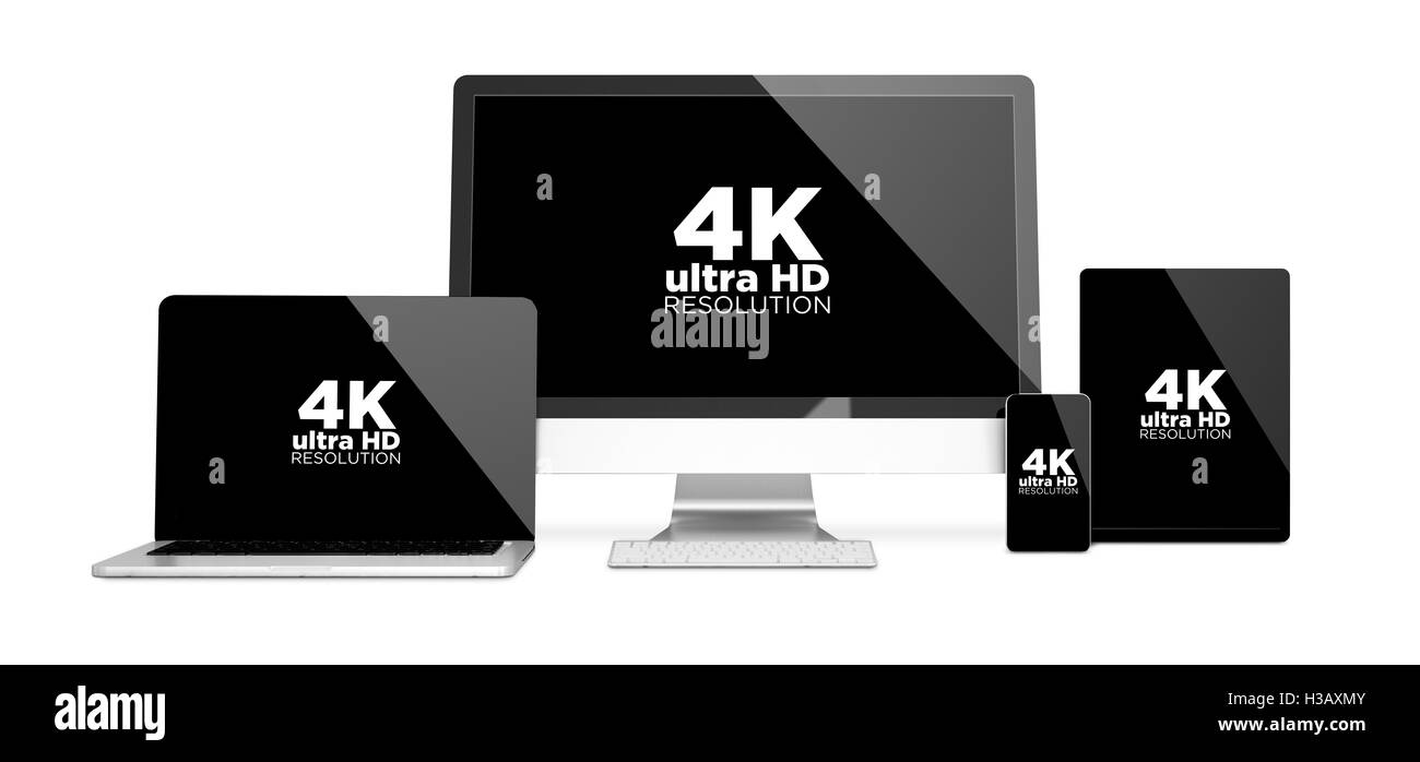3D rendering dei dispositivi isolati con 4K ultra HD con risoluzione schermo. Tutti i grafici dello schermo sono costituiti. Foto Stock