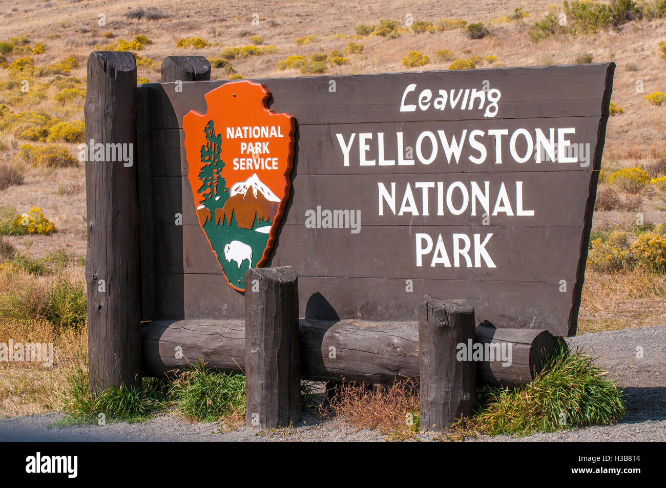 Parco Nazionale di Yellowstone segno, Wyoming USA Foto Stock