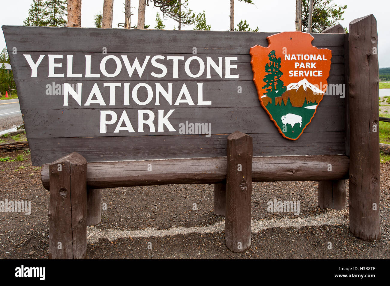 Parco Nazionale di Yellowstone segno, Wyoming USA Foto Stock