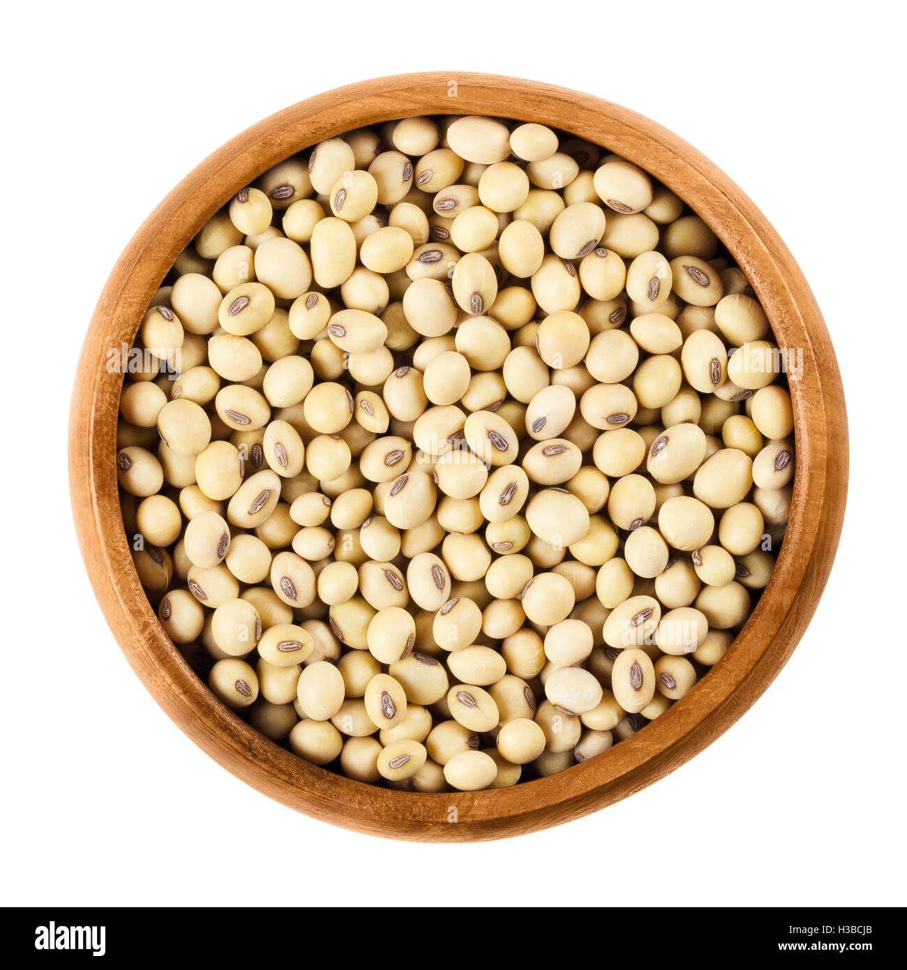 I fagioli di soia in ciotola di legno su sfondo bianco. Glycine max, noto anche come semi di soia è un legume e semi oleosi. Foto Stock