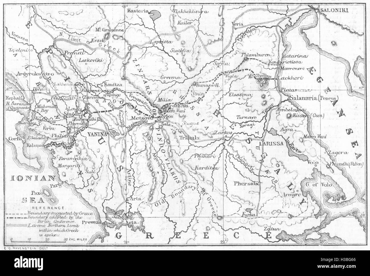 In Grecia la nuova frontiera greca Mappa di Epiro e Tessaglia 1854. Il Illustrated London News Foto Stock