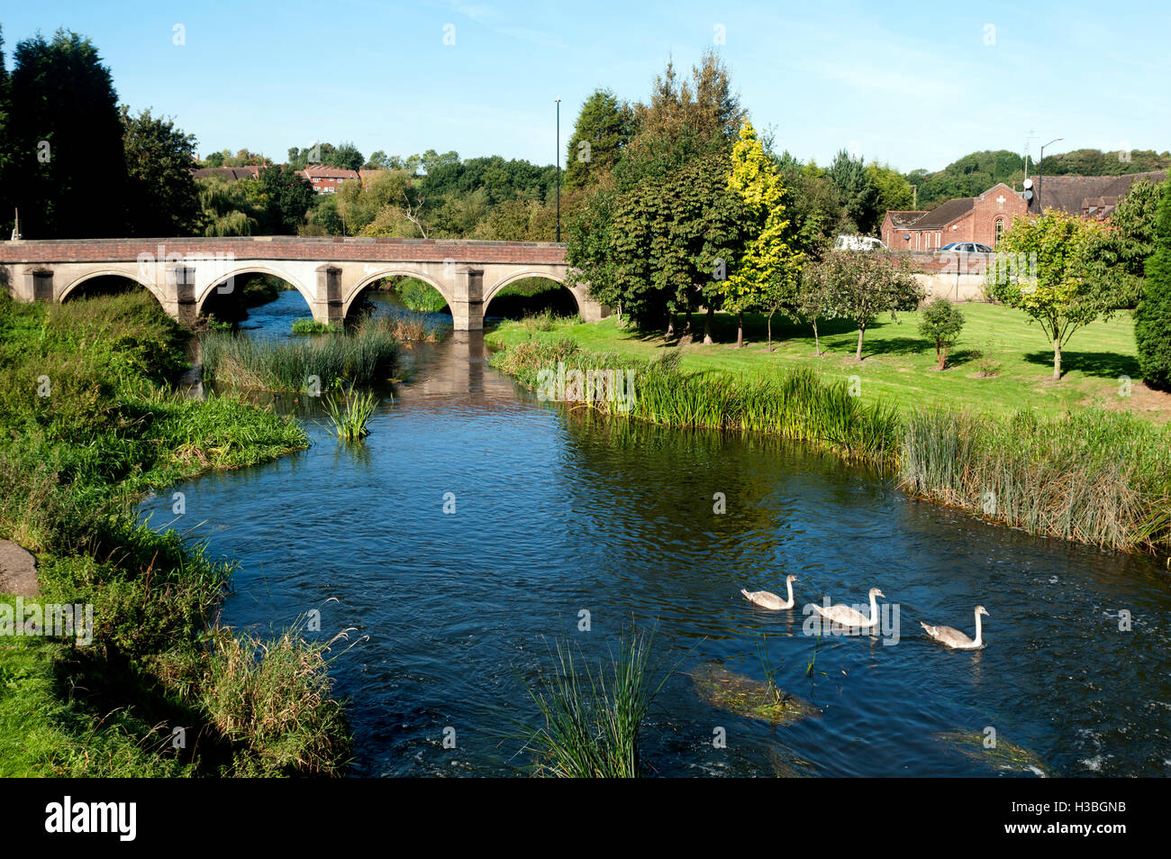 Fiume Anker e ponte, Bushmills, Warwickshire, Inghilterra, Regno Unito Foto Stock