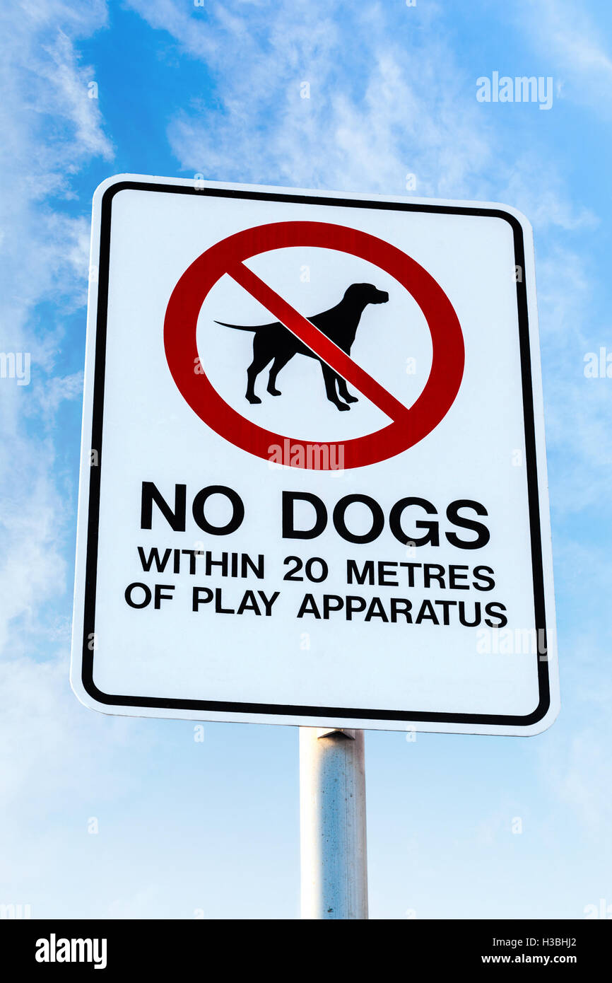 I cani non sono ammessi entro venti metri di parco giochi apparecchiatura. Foto Stock