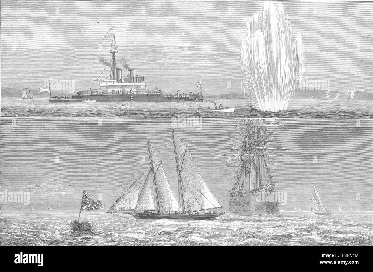 COWES HMS Thunderer siluro;Royal Yacht regata di flotta stadie Queen Cup 1877. Il Illustrated London News Foto Stock