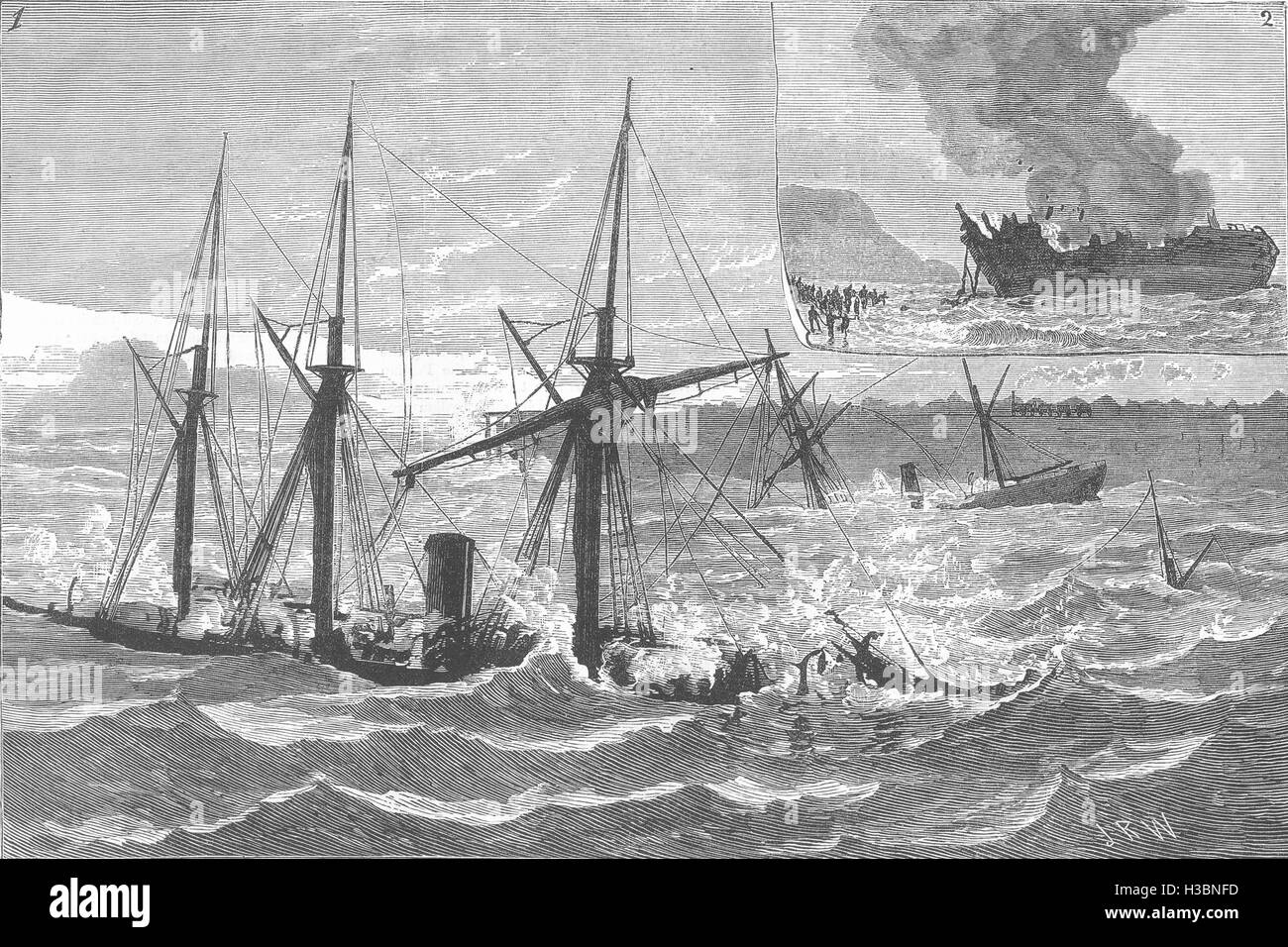 Azzorre St Michael's; i relitti di 3 navi in porto; la masterizzazione Signore Northbrook 1880. Il Illustrated London News Foto Stock