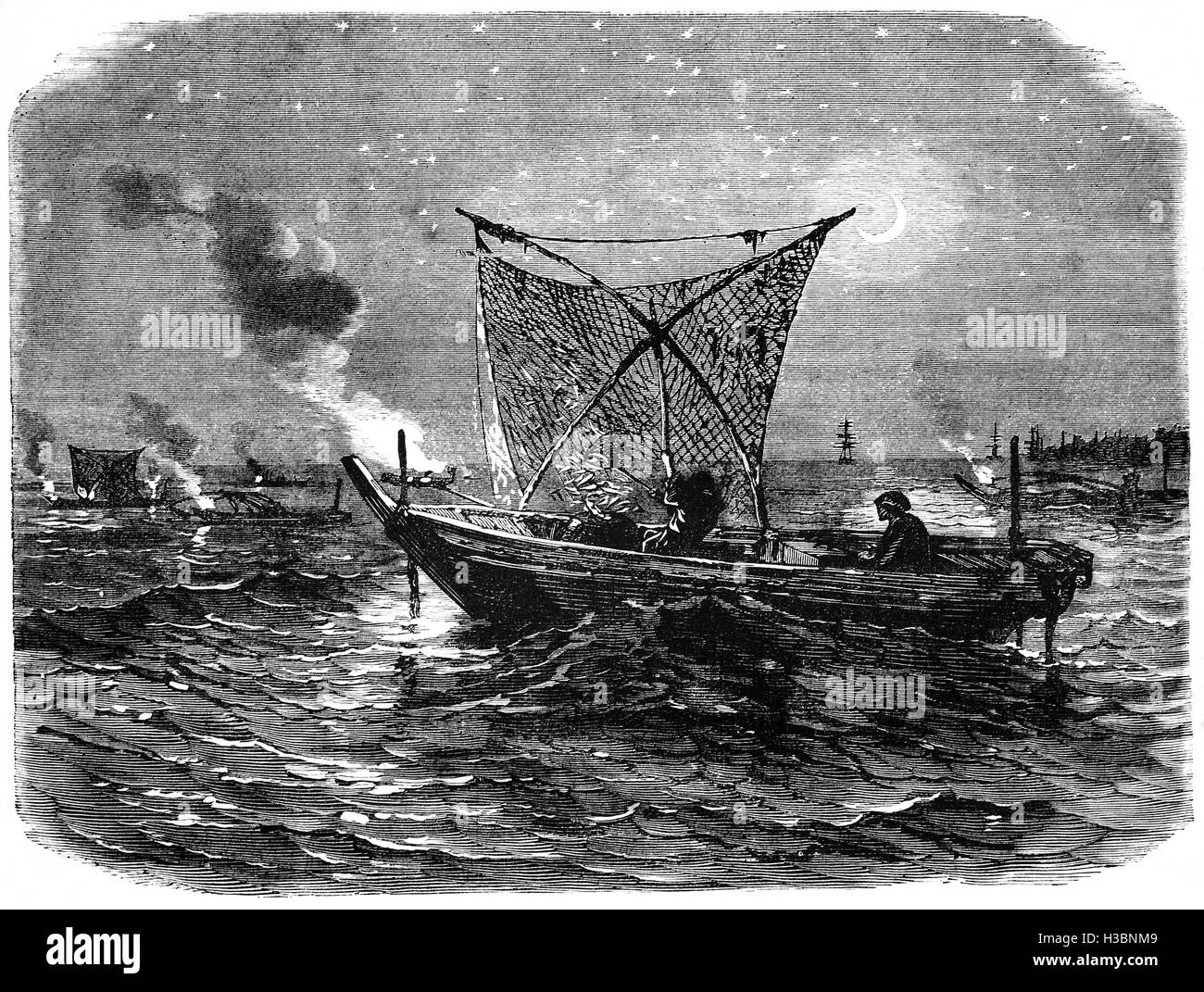 Una barca da pesca di notte nella baia di Jeddo, una baia in Giappone hanno visitato da Commodore Matthew Perry, (1794 - 1858) che era un Commodore della marina degli Stati Uniti ed è comandata in un certo numero di navi. Egli ha svolto un ruolo di primo piano nell'apertura del Giappone ad ovest con la Convenzione di Kanagawa nel 1854. Foto Stock