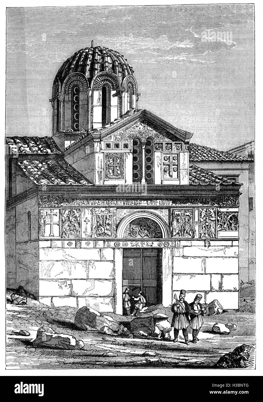 Xix secolo vista del XI secolo la chiesa di Soterira Kottakis in Kydathineon Street, il quartiere di Plaka, Atene, Grecia, Foto Stock