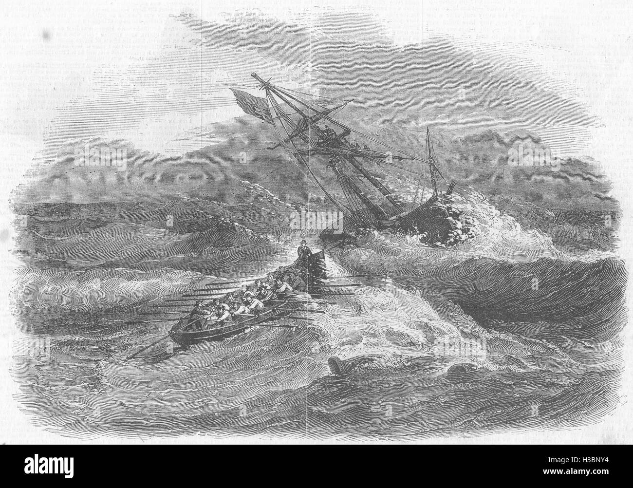 Il Galles Rhyl scialuppe di salvataggio di equipaggio del brigantino scatafascio Pansern, Abergele 1857. Il Illustrated London News Foto Stock