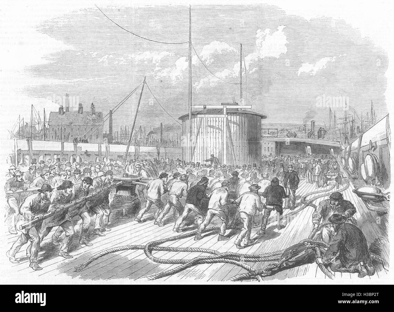 NORTHUMBERLAND Launch Deck preparatori di lancio 1866. Il Illustrated London News Foto Stock