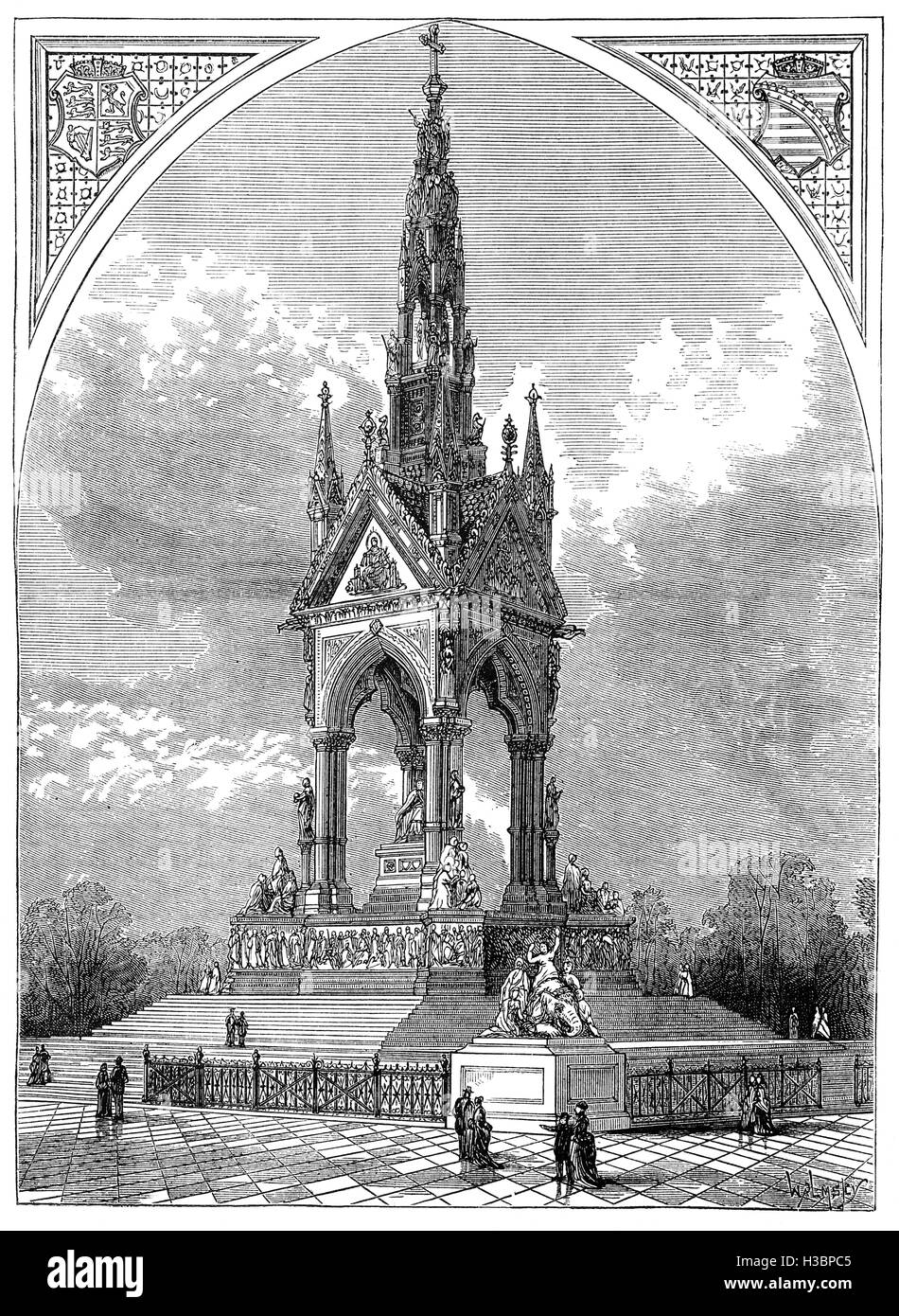 L'Albert Memorial è situato a Kensington Gardens, è stato commissionato dalla regina Vittoria in memoria del suo amato marito, il Principe Albert che morì di febbre tifoide nel 1861. Il memorial è stato progettato da Sir George Gilbert Scott nel revival gotico e stile aperto nel luglio 1872 dalla Regina Vittoria nel 1875. Foto Stock