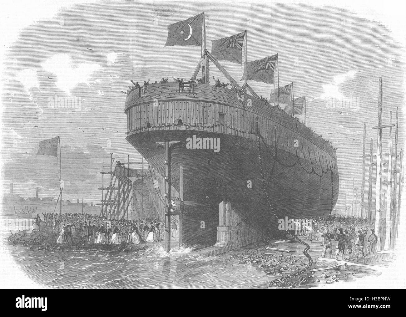Lancio di GLASGOW Osman Ghazy, vapore ironclad-ram, costruito per il turco Govt a 1864. Il Illustrated London News Foto Stock