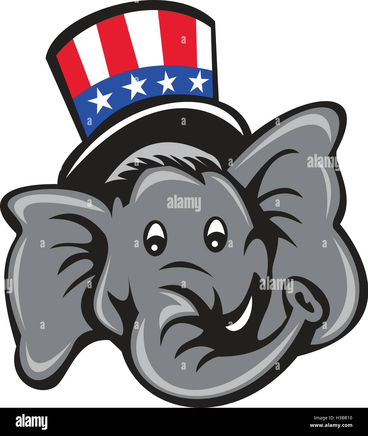 Illustrazione di un Repubblicano Americano elefante GOP mascotte testa indossando usa a stelle e strisce top hat se visto dalla parte anteriore impostato su isolato sfondo bianco fatto in stile cartoon. Illustrazione Vettoriale