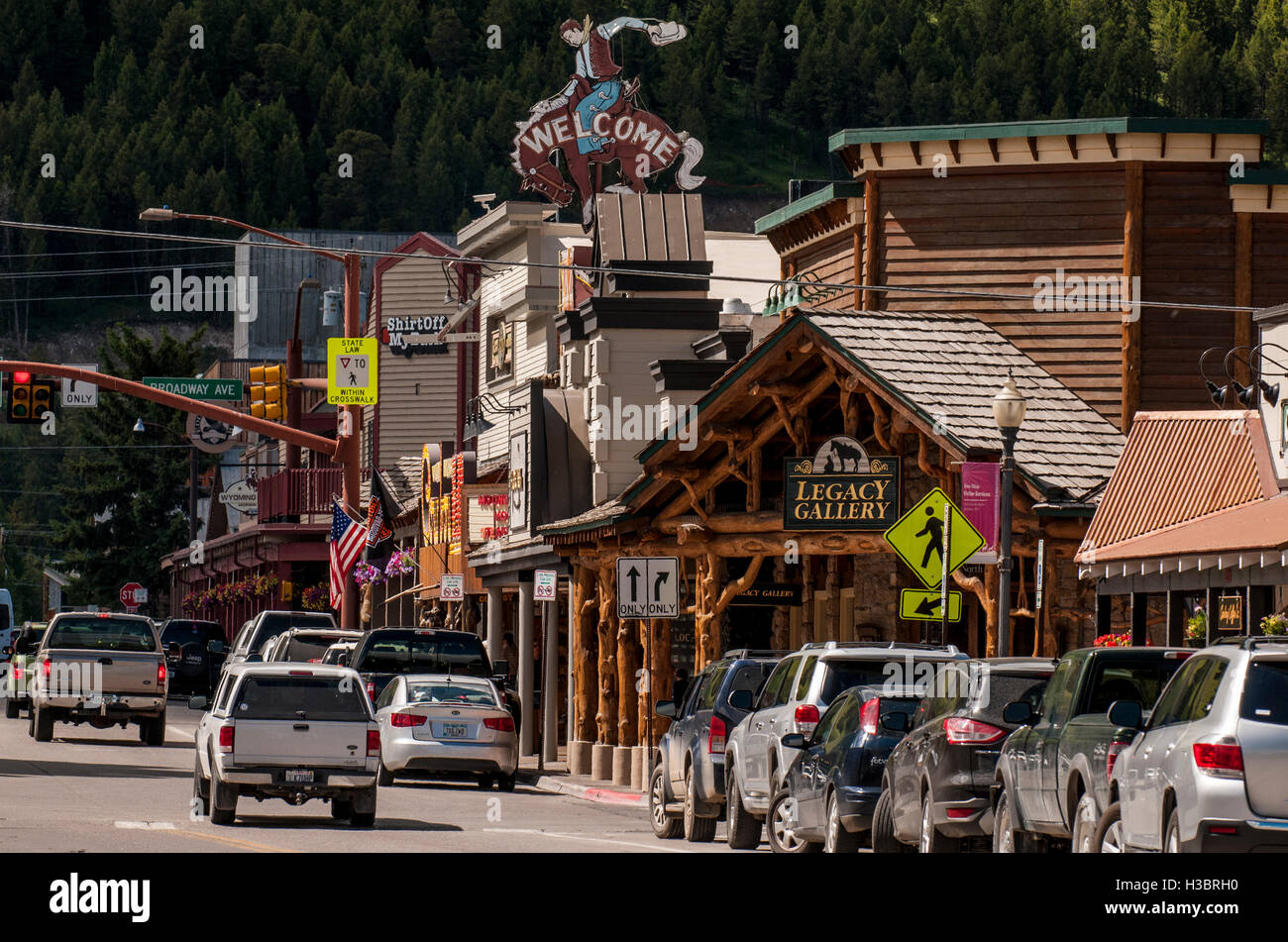 La strada principale del centro di Jackson Hole, Wyoming negli Stati Uniti. Foto Stock