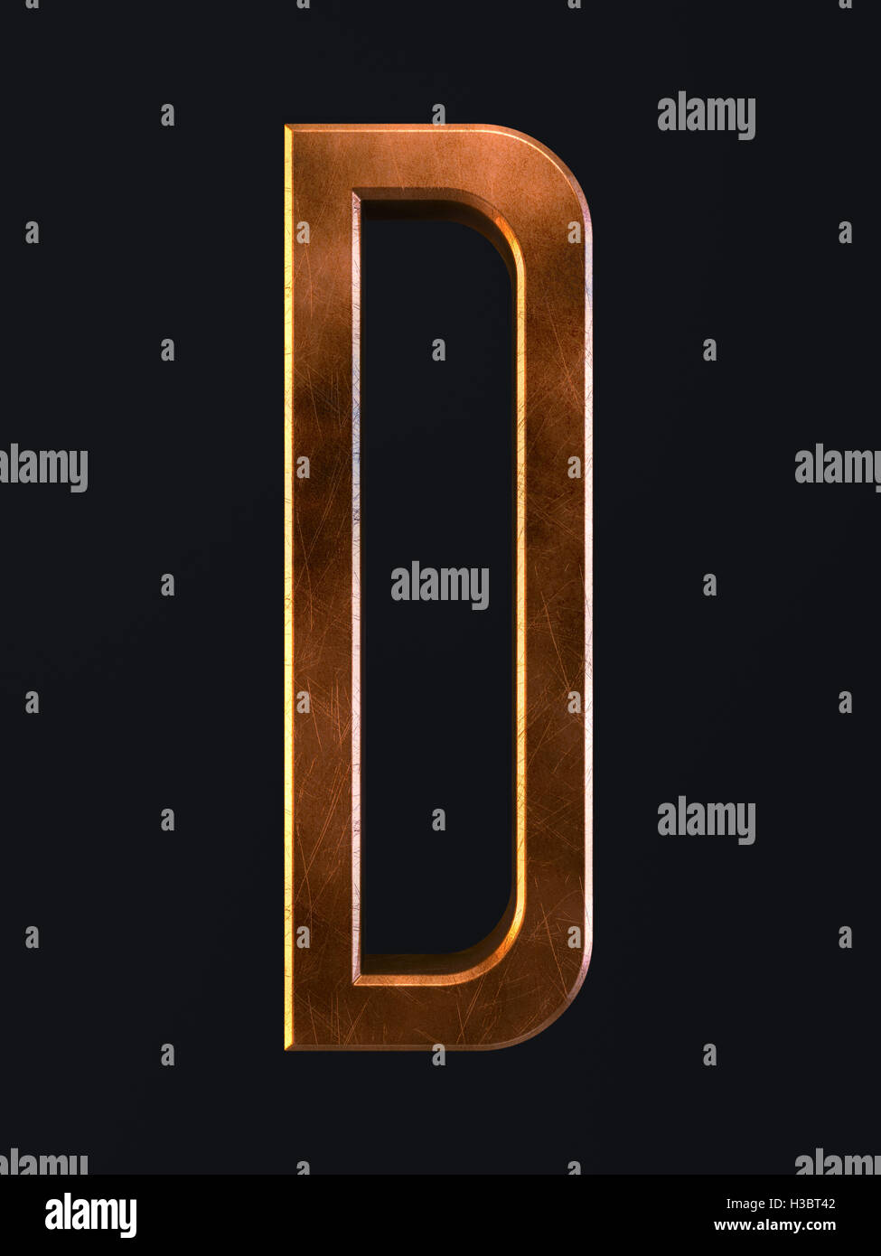 3D render di metallo dorato sporco ruggine alfabeto scratch simbolo a lettera - D. carattere alfabetico su sfondo scuro Foto Stock