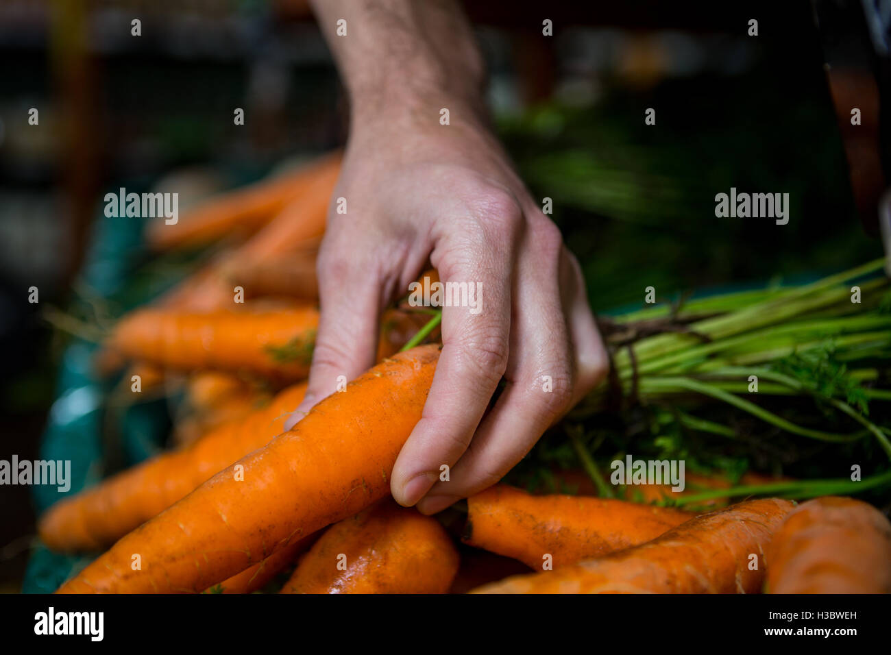 Uomo con la carota nel supermercato Foto Stock