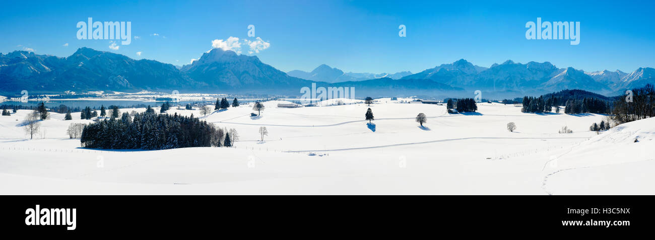 Ampio panorama del paesaggio in Baviera con montagne delle Alpi e del lago in inverno con neve fresca Foto Stock